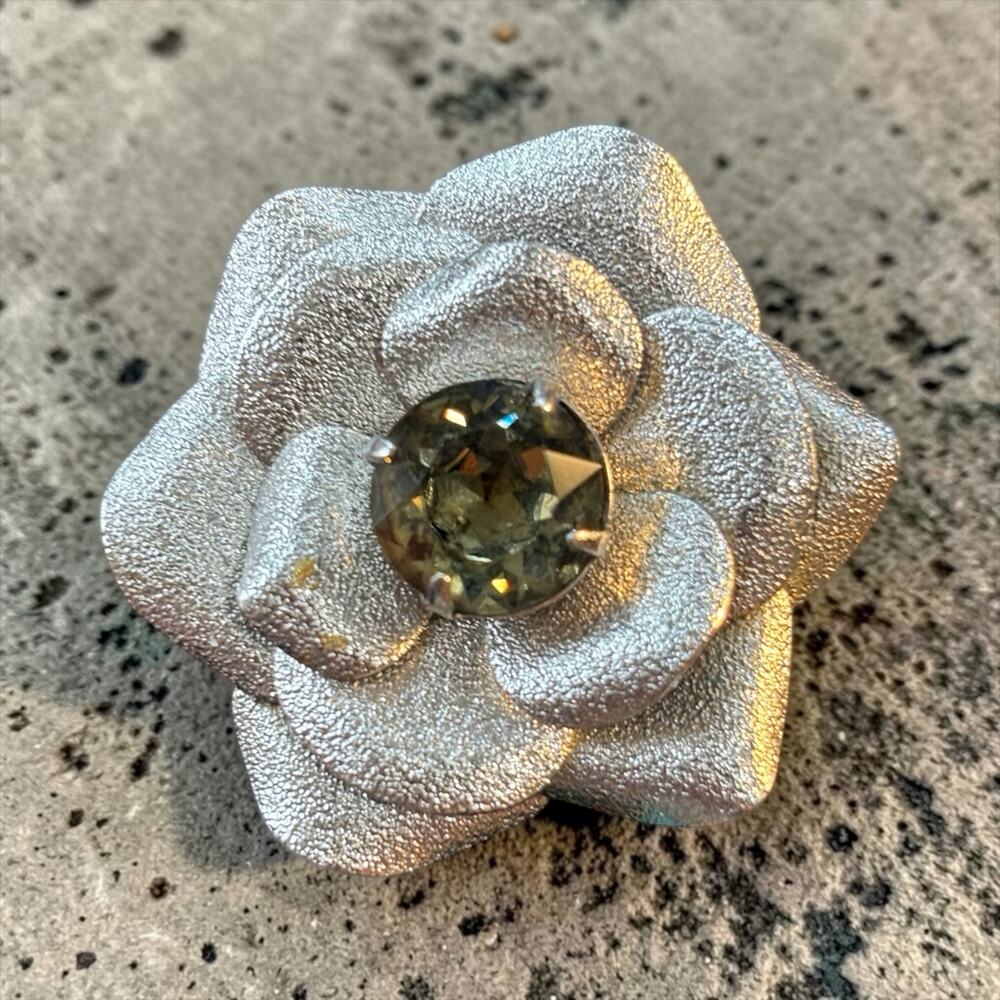 Silver Rose Brooch Pendant Large Crystal Flower Pin 1980s Runway Style